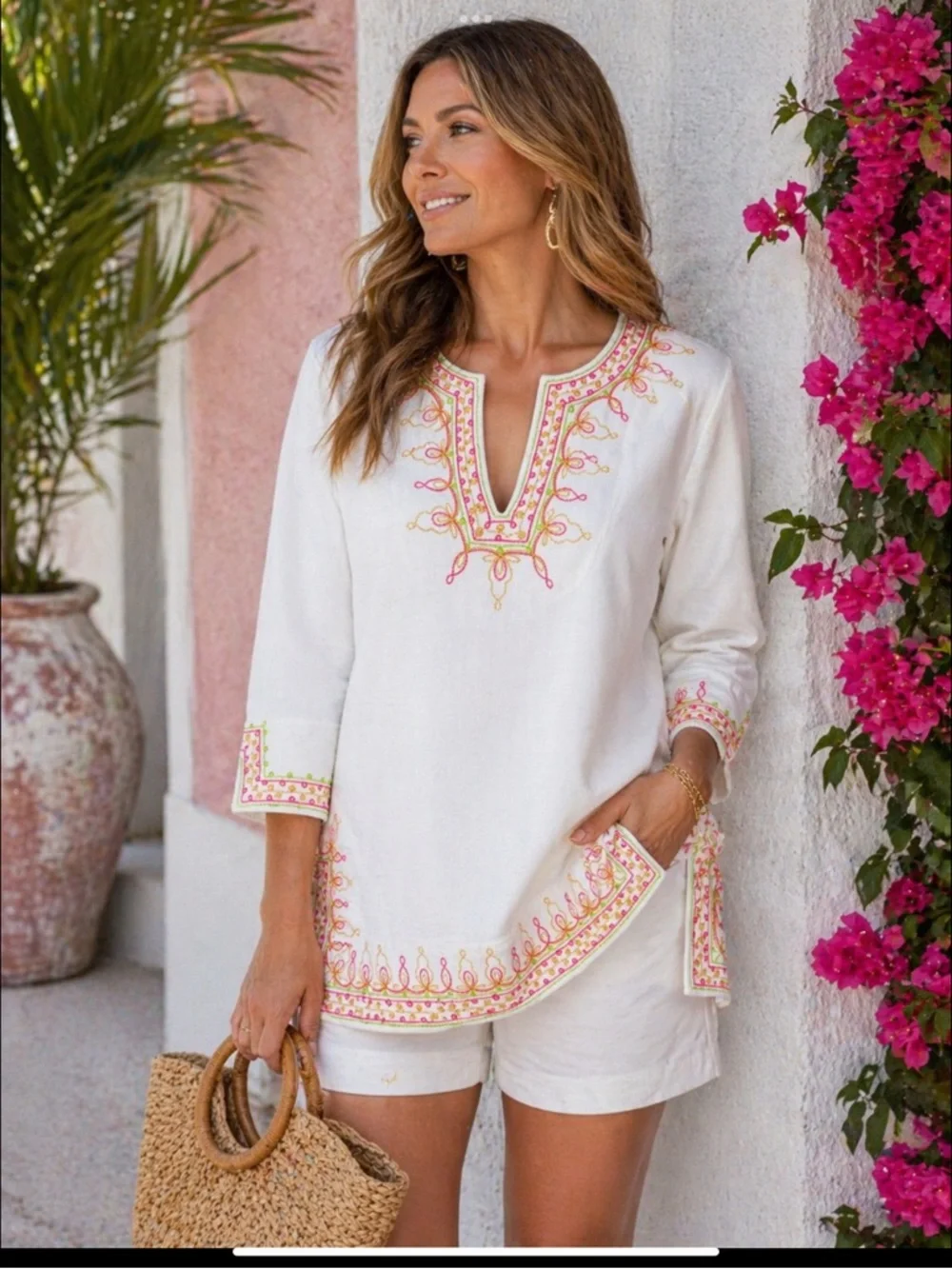 Lilly Pulitzer Embroidered Palm Beach Tunic Top White Pink Green Gold Small - Picture 2 of 16